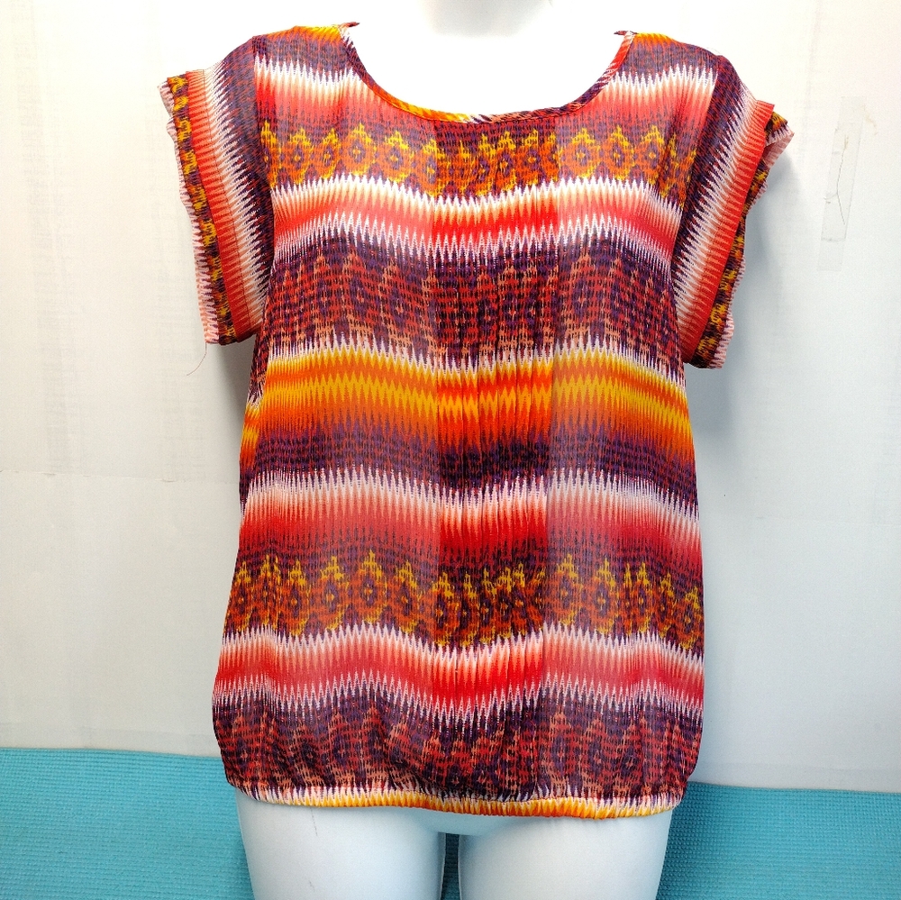 NY Collection Womens Pullover Short Sleeve Semi Sheer Blouse S